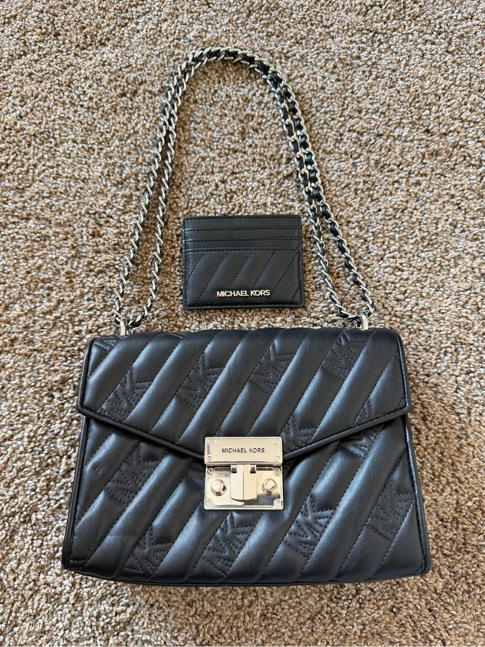 MICHAEL KORS Black Quilted Silver Chain Strap Crossbody Shoulder Bag with Wallet